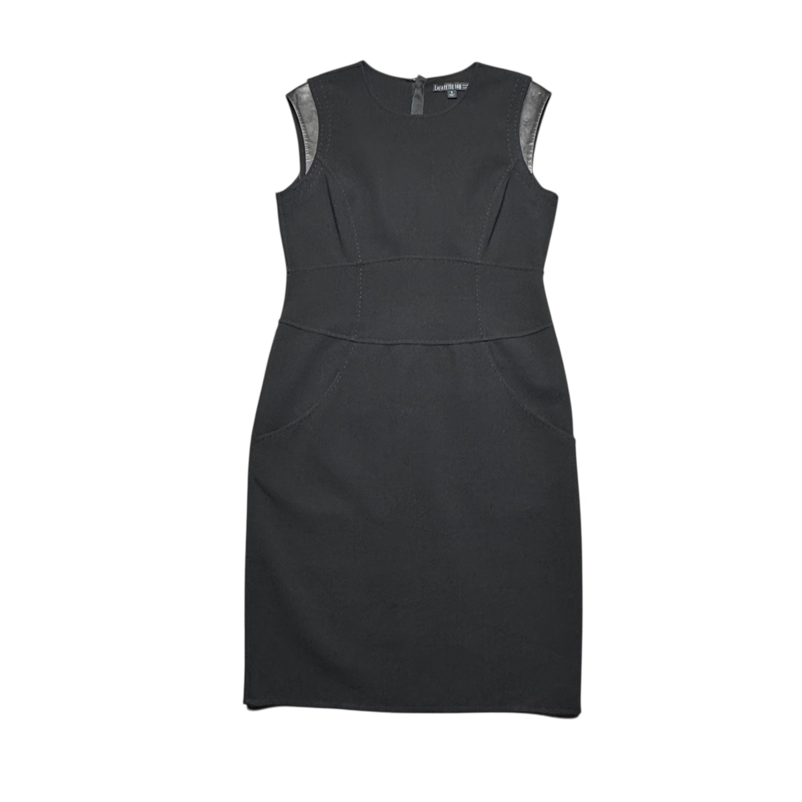 Lafayette 148 Virgin Wool Sheath Dress Leather Accent Sz 8 Black Career Luxury